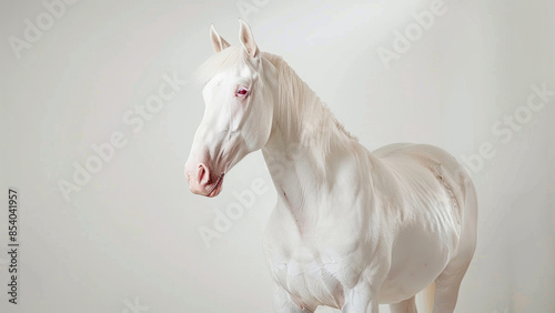 A rare albino horse with striking white and pale mane, standing majestically in a minimalist studio setting, showcasing its unique and beautiful appearance.
 photo
