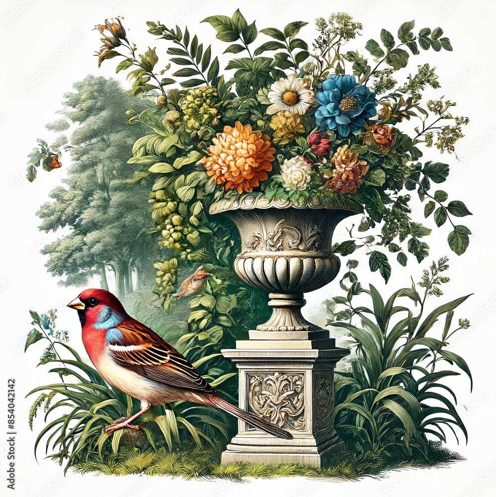 Obraz premium A detailed illustration of a classical garden with a house sparrow on a pedestal