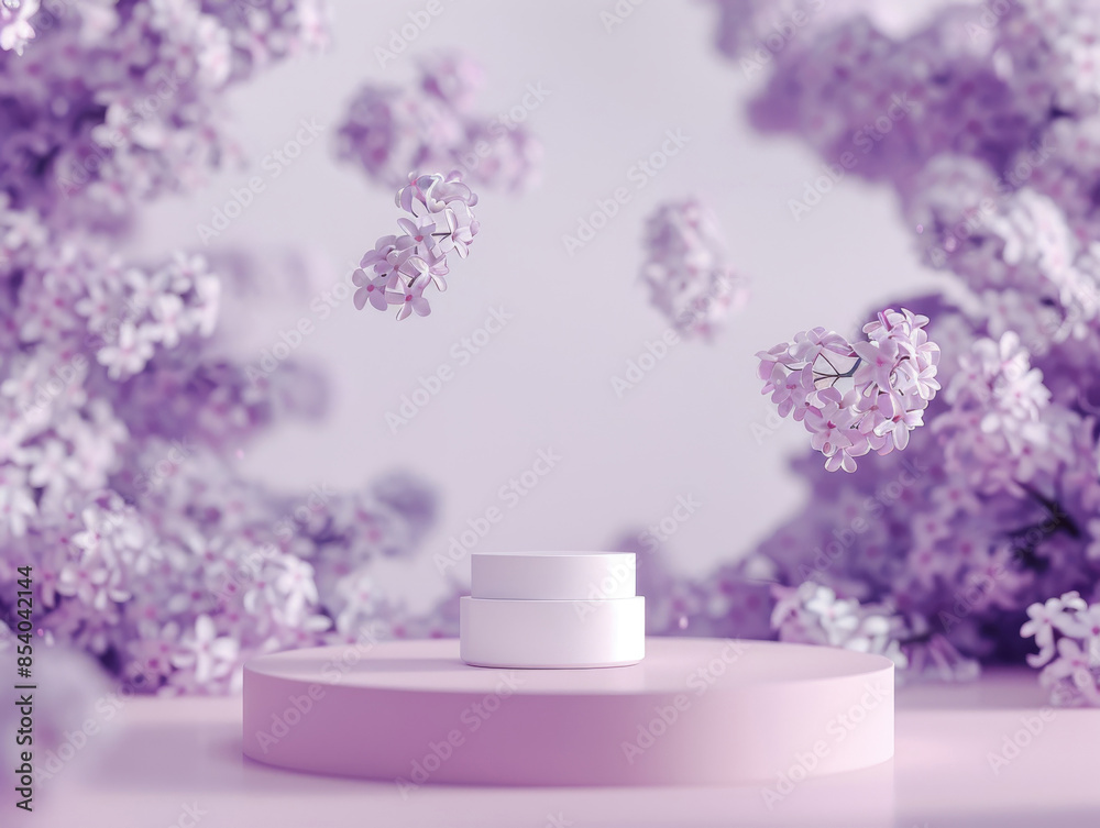 Ai Generated Art Mockup White Small No Label Creme Jar on a Pink Plate Against Pastel Violet Background with Purple Lilacs floating in the Background Ai Generated Art Mockup White Small No Label Creme Jar on a Pink Plate Against Pastel Violet Background with Purple Lilacs floating in the Background