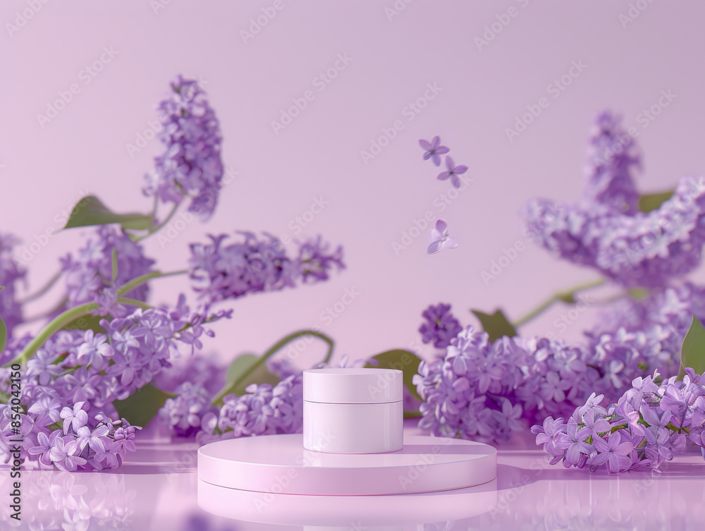 Ai Generated Art Mockup White Small No Label Creme Jar on a Pink Plate Against Pastel Violet Pink Background with Purple Lilacs floating in the Background Ai Generated Art Mockup White Small No Label Creme Jar on a Pink Plate Against Pastel Violet Pink Background with Purple Lilacs floating in the Background