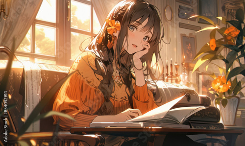 Classic anime art style of a beautiful female student, sitting in a library and reading a book.