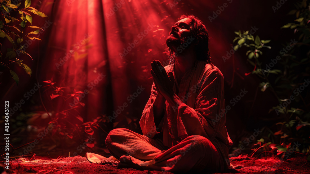 Jesus praying under a red light in a garden, surrounded by foliage and illuminated by the intense glow.
Jesus praying under a red light in a garden, surrounded by foliage and illuminated by the intense glow.