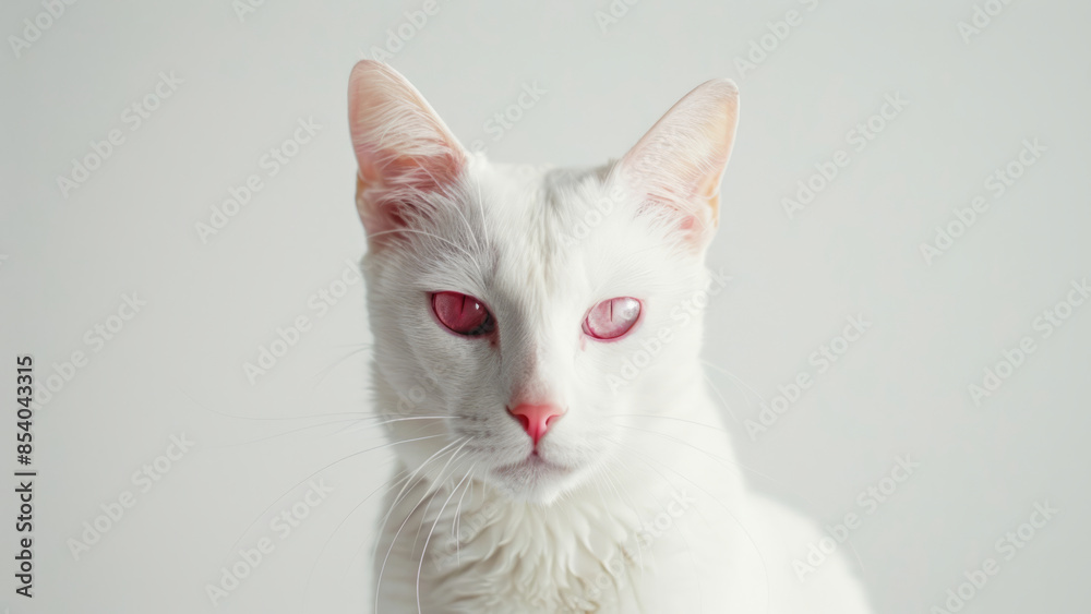 A rare albino cat with striking white and pale fur, sitting elegantly in a minimalist studio setting, showcasing its unique and beautiful appearance.
A rare albino cat with striking white and pale fur, sitting elegantly in a minimalist studio setting, showcasing its unique and beautiful appearance.