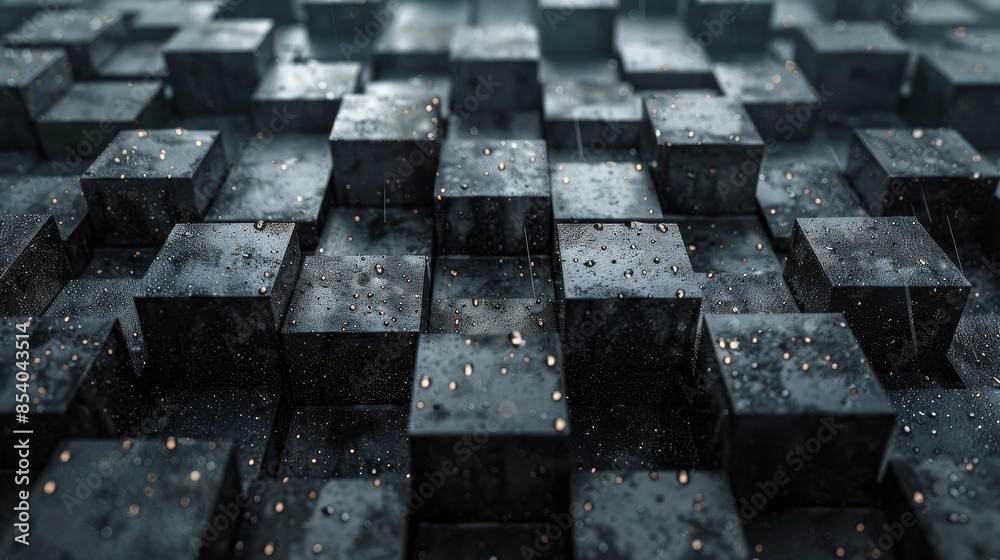 Detailed image of raindrops on a 3D cube surface with sundry golden specks, evoking a tactile experience Detailed image of raindrops on a 3D cube surface with sundry golden specks, evoking a tactile experience