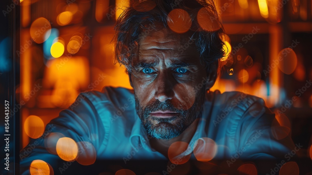 A portrait capturing a man's intense gaze, illuminated by a mysterious blue light with a warm bokeh background A portrait capturing a man's intense gaze, illuminated by a mysterious blue light with a warm bokeh background