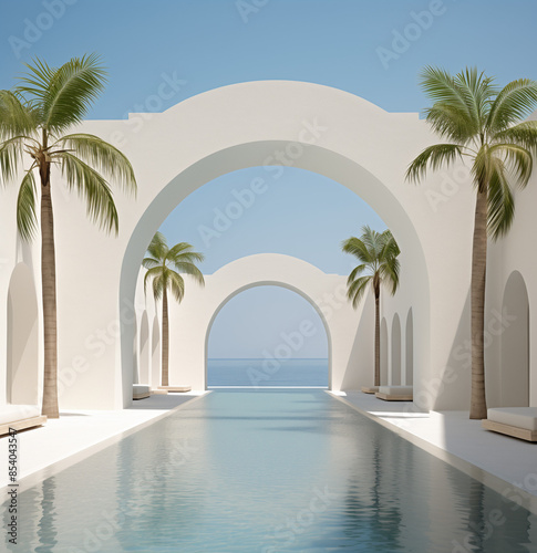 White arch with sky in hotel resort. Pool and palms. © Dragana