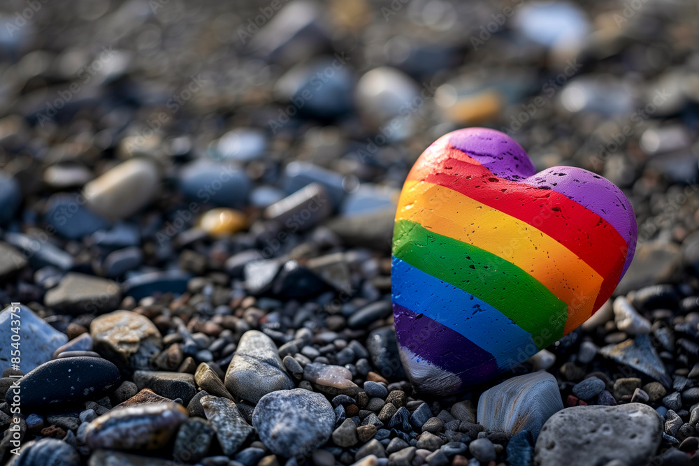 Obraz premium Heart-shaped rock with LGBTQ colors on the ground with gray stones. Symbol of diversity and inclusion