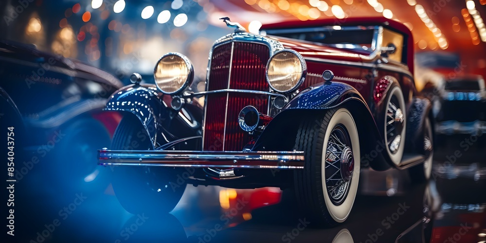 Naklejka premium Classic car with custom chrome grill red and blue lights at show. Concept Car Shows, Classic Cars, Custom Chrome Grill, Red and Blue Lights, Automotive Exhibitions