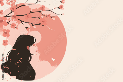artistic illustration of a woman with flowing hair under sakura branches in a circular design