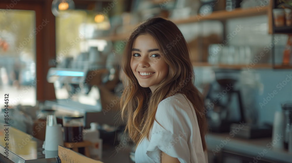 Barista is working in coffee shop, young woman is standing behind the bar counter, making coffee, take away. Barista is working in coffee shop, young woman is standing behind the bar counter, making coffee, take away.