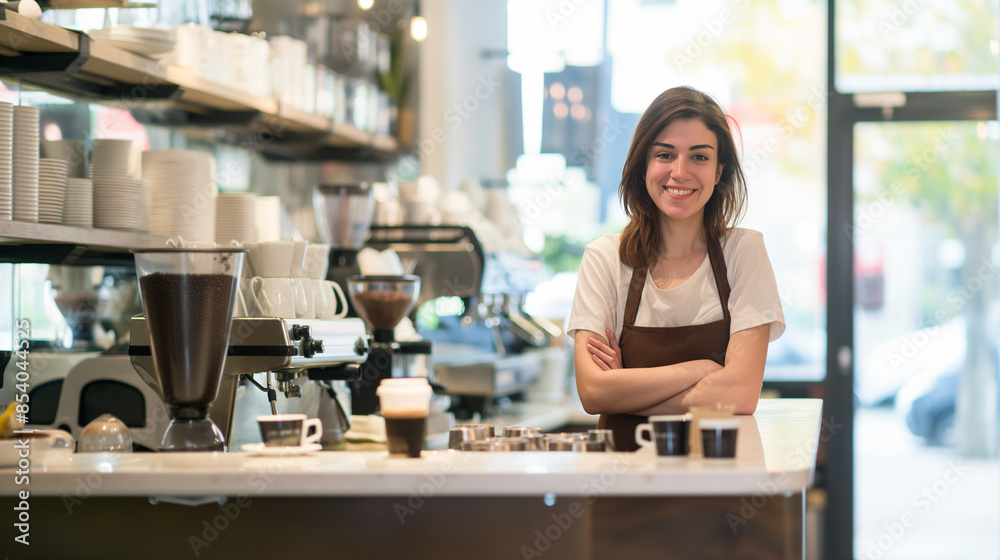 Barista is working in coffee shop, young woman is standing behind the bar counter, making coffee, take away.