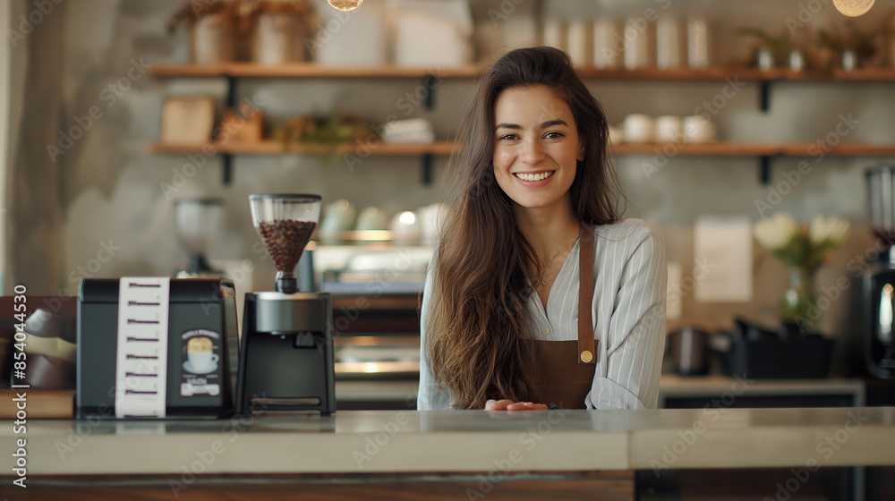 Barista is working in coffee shop, young woman is standing behind the bar counter, making coffee, take away. Barista is working in coffee shop, young woman is standing behind the bar counter, making coffee, take away.