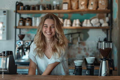 Barista is working in coffee shop, young woman is standing behind the bar counter, making coffee, take away.