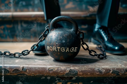 Debt symbol: Man restrained by mortgage kettlebell close-up