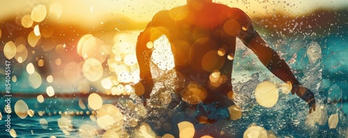 Athlete participating in a marathon swim race, focus on, sunlit sparkling water, Double exposure silhouette with longdistance endurance photo