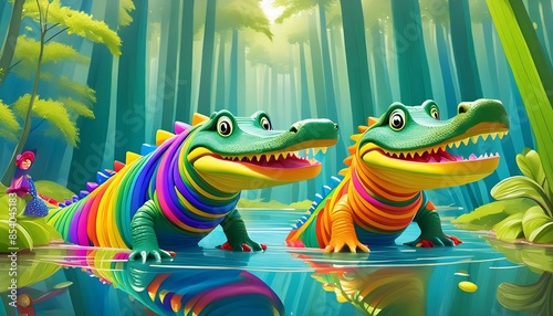 Dos alegres y divertidos cocodrilos hechos de tiras de plastilina de colores. Tema infantil photo
