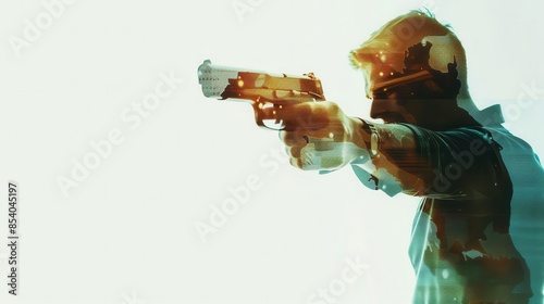 Pentathlon athlete shooting with precision, copy space, crisp target focus, Double exposure silhouette with poised gun stance photo