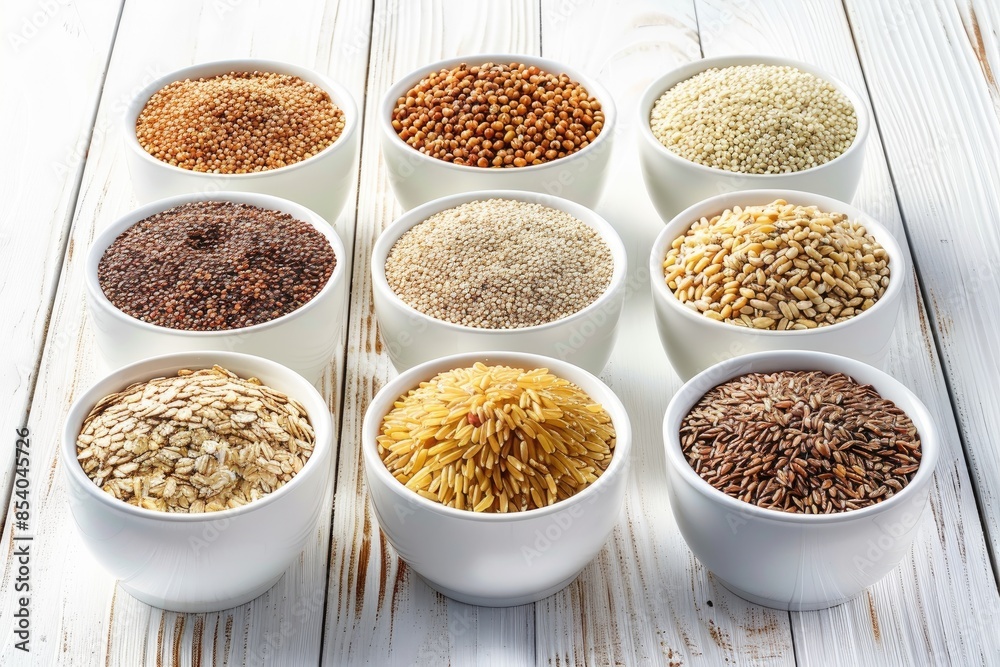 Selection of whole grains in white bowls - rice, oats, buckwheat, bulgur, porridge, barley, quinoa, amaranth, on white wood background Selection of whole grains in white bowls - rice, oats, buckwheat, bulgur, porridge, barley, quinoa, amaranth, on white wood background