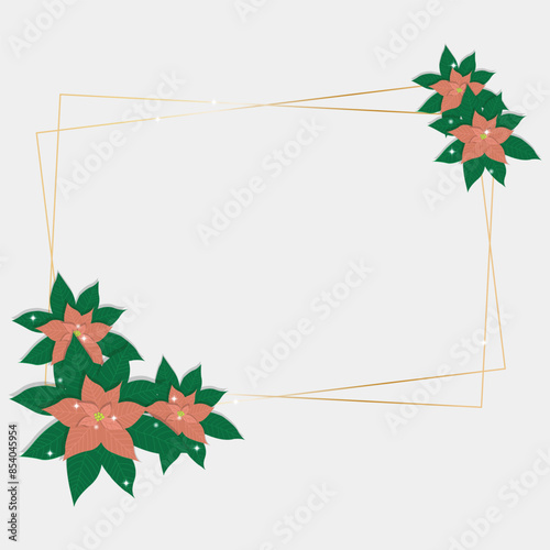 Christmas gold frame with poinsettia flower.Design for New Year and Christmas cards, scrapbooking, stickers, planner, invitations.