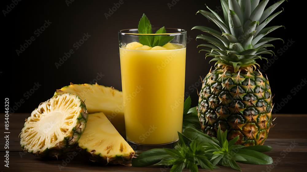 Pineapple fruit juice in a glass on black background Pineapple fruit juice in a glass on black background