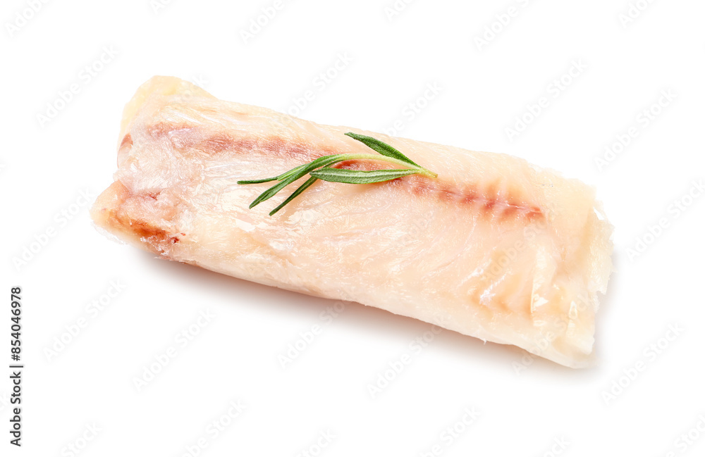 Piece of raw cod fish and rosemary isolated on white, above view Piece of raw cod fish and rosemary isolated on white, above view