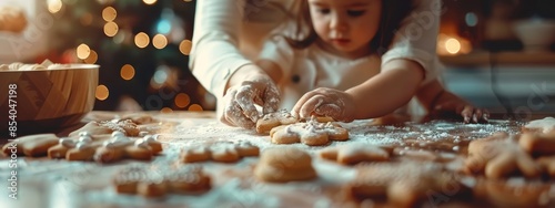 Obraz na płótnie A young girl makes cookies at a table, surrounded by a bowl of icing Christmas tree decorations visible in the background w salonie