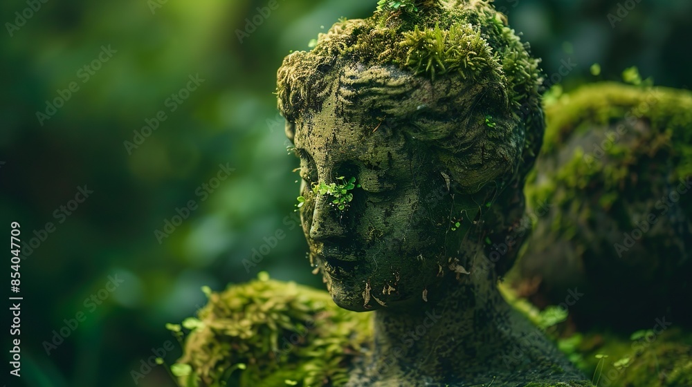 A moss-covered statue in a park, adds a touch of green to the otherwise urban landscape. A moss-covered statue in a park, adds a touch of green to the otherwise urban landscape.
