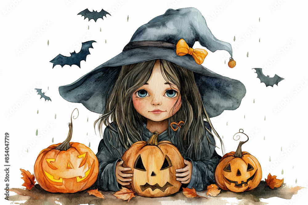 Fototapeta premium Watercolor illustration of a witch, pumpkin, Halloween on a white background. postcard, banner, Design