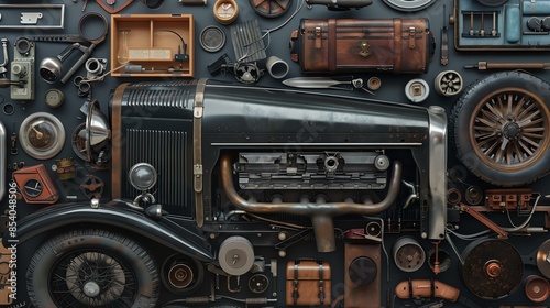 A collection of vintage car parts and accessories are arranged in a flat lay composition. The black background makes the objects stand out.