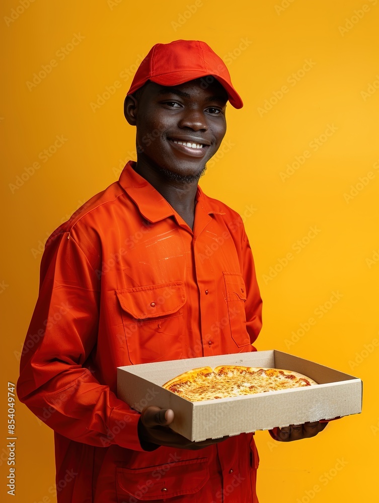 Smiling pizza delivery person in red uniform holding an open pizza box Smiling pizza delivery person in red uniform holding an open pizza box