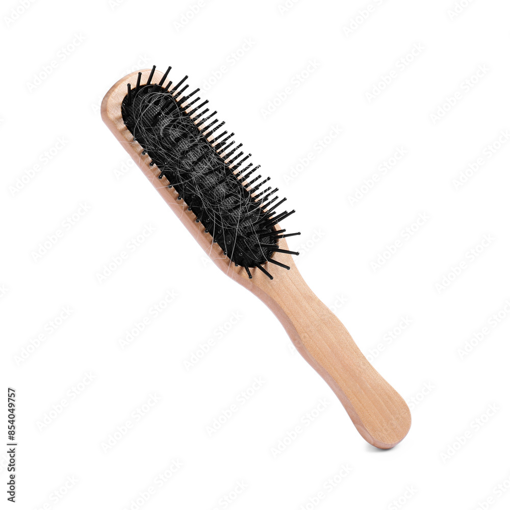 Wooden brush with lost hair in air on white background Wooden brush with lost hair in air on white background