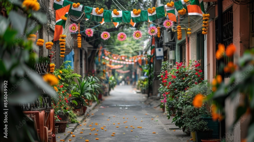 Fototapeta premium Street with Indian flags, garlands, and other festive elements celebrating Independence Day of India, Republic Day