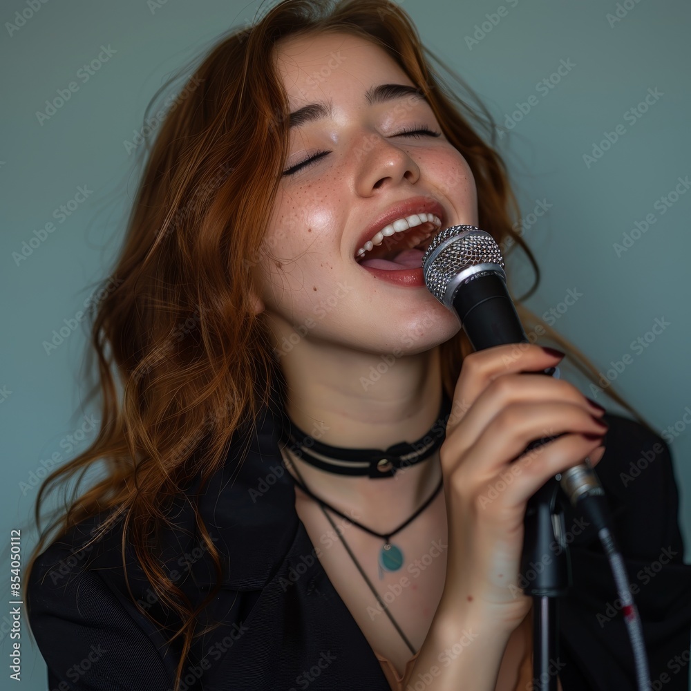 Young woman singing in microphone on color background, singing female portrait, karaoke Young woman singing in microphone on color background, singing female portrait, karaoke