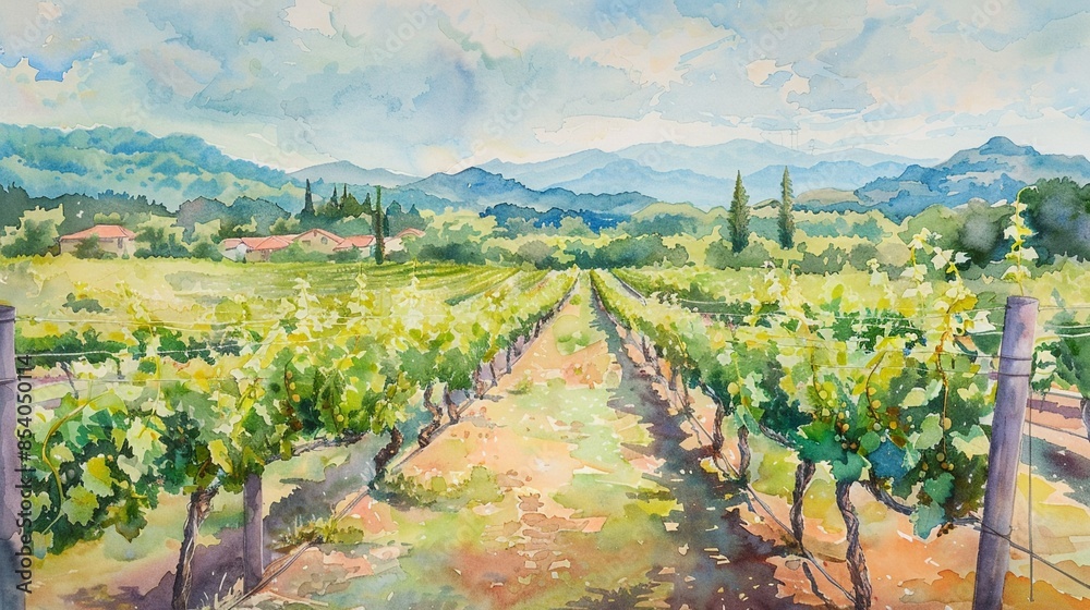Fototapeta premium Watercolor vineyard at summers peak