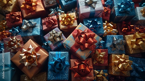 A treasure trove of wrapped gifts in a kaleidoscope of shimmering colors, each adorned with a splendid bow photo