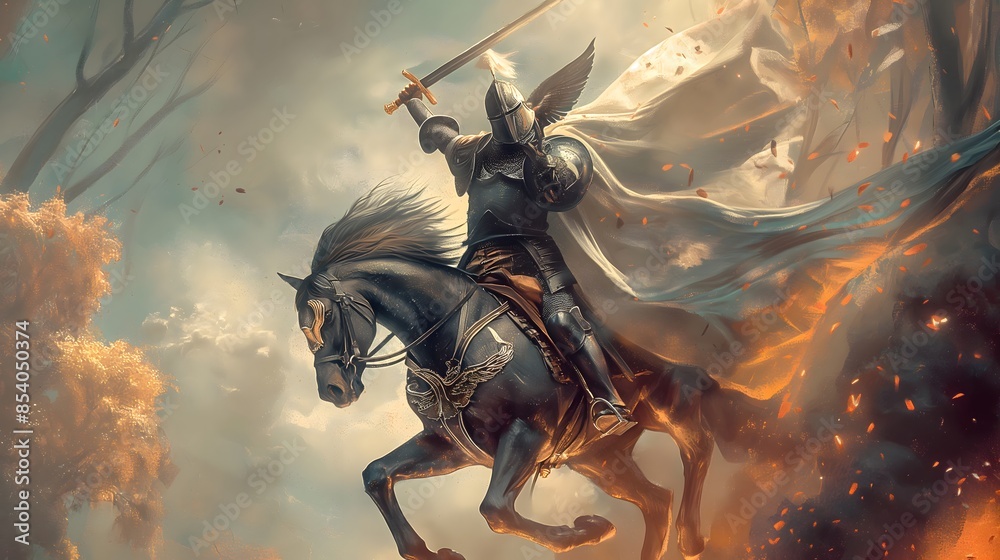 Illustration of a knight wearing armor and holding a long sword, riding ...