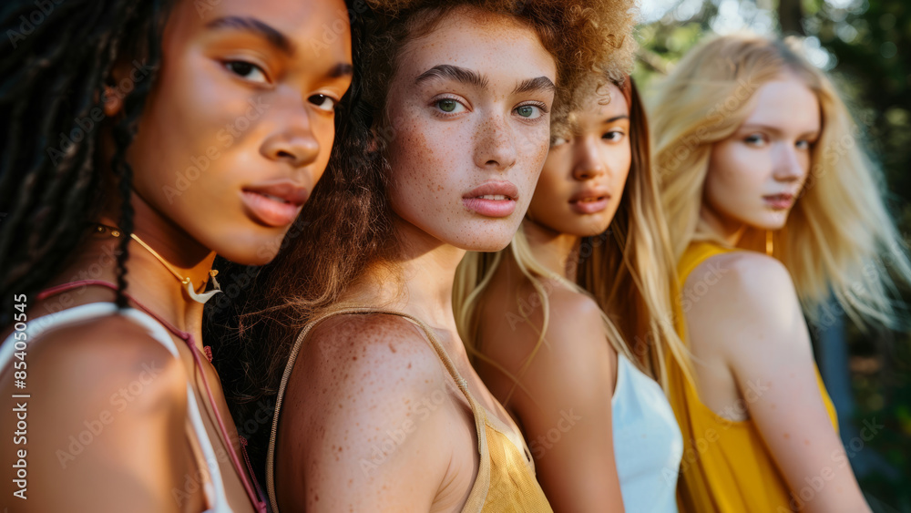 Three stylish women posing confidently in a field, dressed in trendy summer outfits.
Three stylish women posing confidently in a field, dressed in trendy summer outfits.