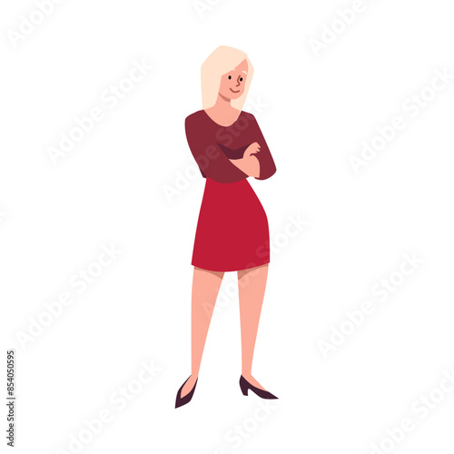 Beautiful blond woman with arms crossed, cartoon smiling lady wear skirt dress posing, vector office worker portrait