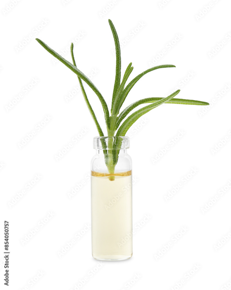 Bottle with essential oil and rosemary isolated on white