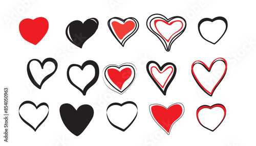 Collection of  red and black  heart illustrations,Hand drawn hearts.Vector symbol icon set.black and white.illustration design.