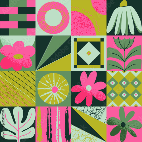 Retro flowers colorful geometric pattern background, vector abstract circle, triangle and square lines art. Hand drawing lines. Trendy bauhaus pattern background pop-art