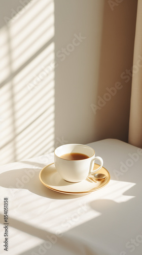 Cup of coffee on the table with sun rises n the wall. Morning routine. photo