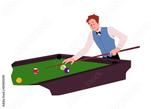 Billiards game competition vector flat illustration, man players near the pool table with cue aiming at billiard ball
