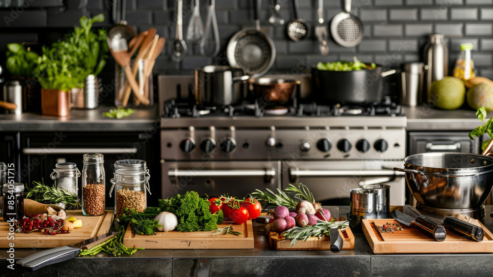 A modern kitchen countertop filled with fresh ingredients like tomatoes, garlic, and herbs, ready for a gourmet cooking session, showcasing a clean and organized culinary space.
A modern kitchen countertop filled with fresh ingredients like tomatoes, garlic, and herbs, ready for a gourmet cooking session, showcasing a clean and organized culinary space.