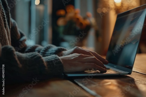 Man working on laptop at wooden desk, in a village cafe, freelancer in restaurant, notebook remote work