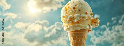  An ice cream cone, topped with a scoop of ice cream, situated before a blue backdrop adorned with clouds