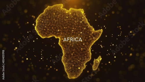 Digital Space Golden Yellow Shiny Blurry Focus Wavy Glitter Sparkle Dust Particles of Africa Map and Text Motion Reveal with Light Flare