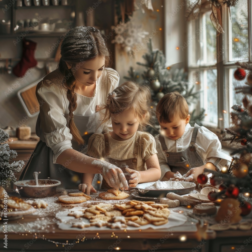 Family cooking Christmas dessert together, mother with children making Christmas cookies in kitchen Family cooking Christmas dessert together, mother with children making Christmas cookies in kitchen