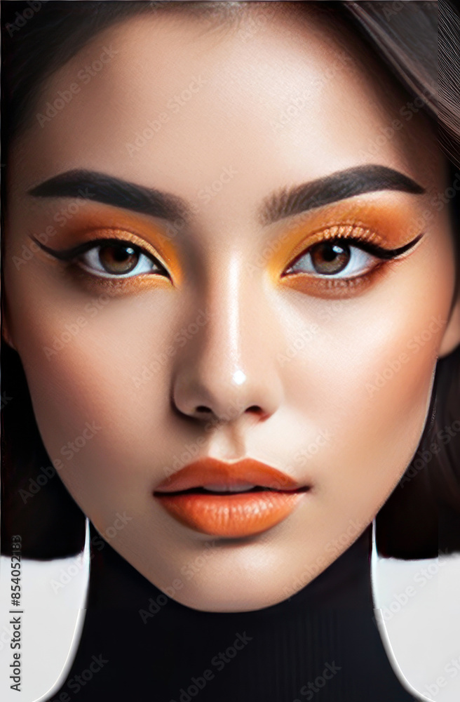 Explore the captivating beauty of a model with vibrant orange makeup, striking eyeliner Explore the captivating beauty of a model with vibrant orange makeup, striking eyeliner