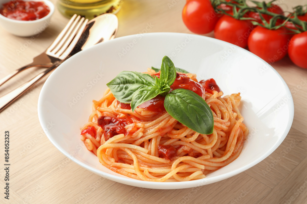 Delicious pasta with tomato sauce and basil in bowl on wooden table, closeup Delicious pasta with tomato sauce and basil in bowl on wooden table, closeup